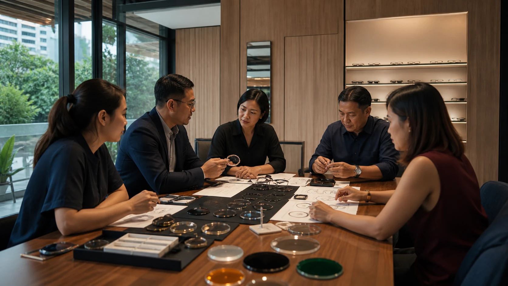 Optical business leaders collaborating around a table