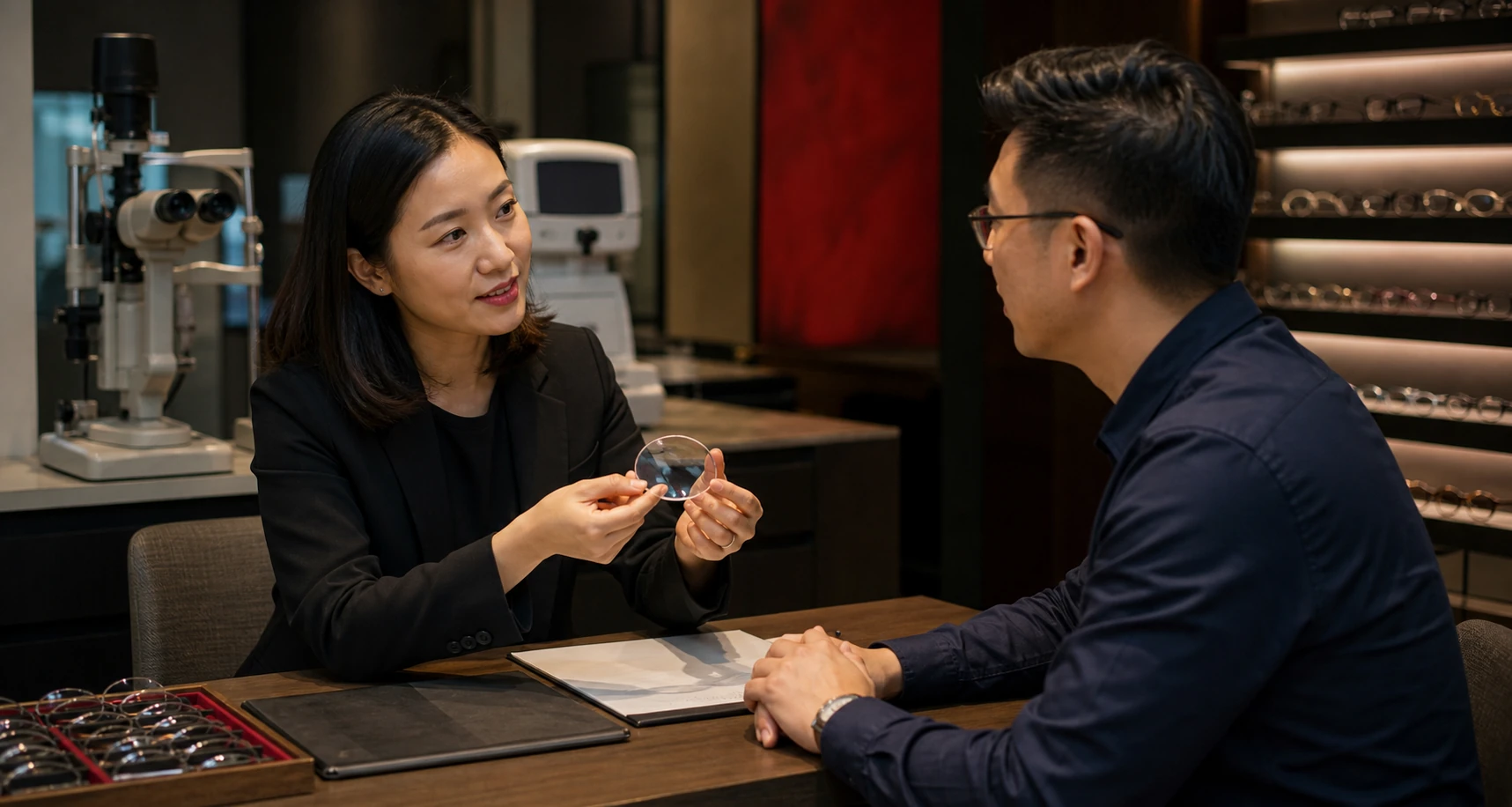An optical professional explaining eye-care guidance to a member of the public